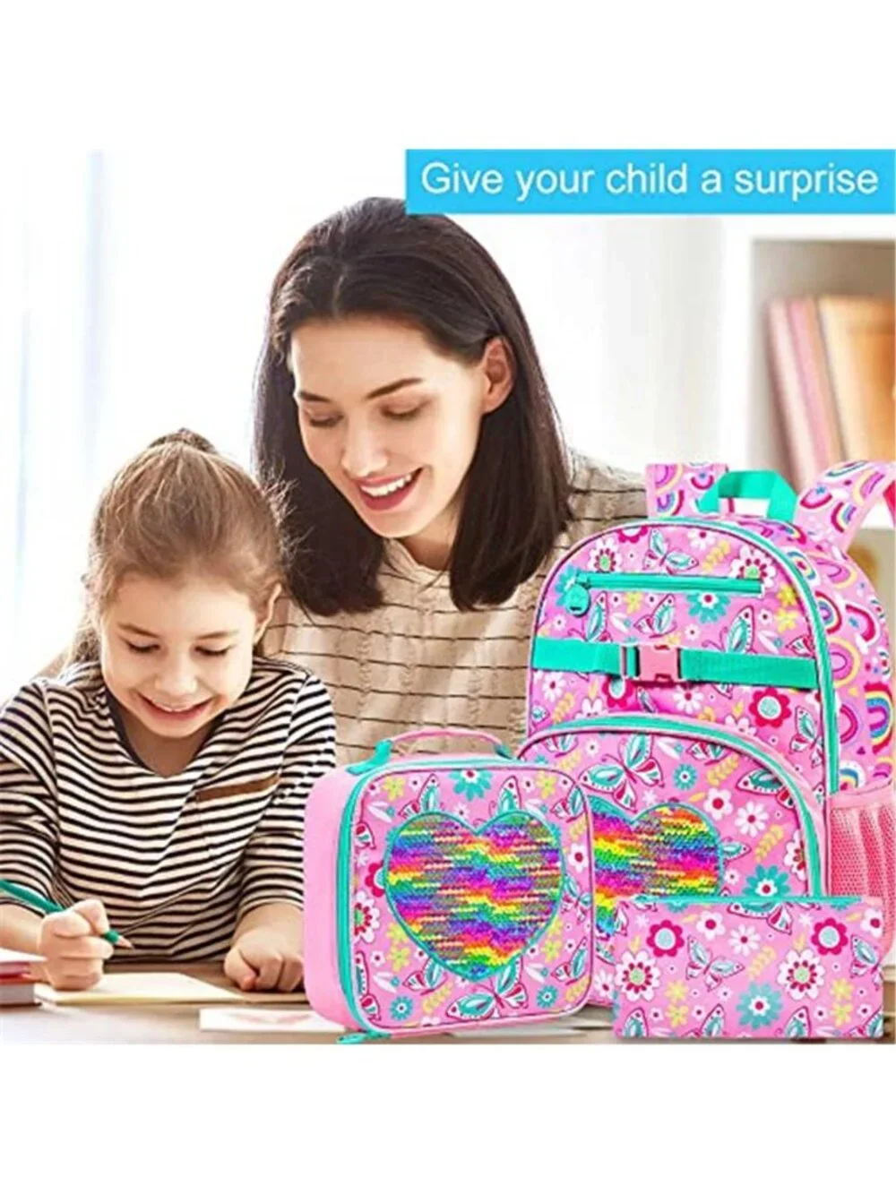 3PCS Girls Backpack Sequins Butterfly Bookbag with Lunch Box, 16